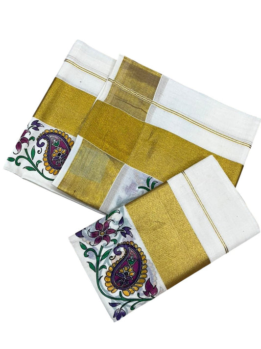 Southloom Pure Cotton Set Mundu with Gold Kasavu and Floral Digital Print in 2.80 Mtrs SL383