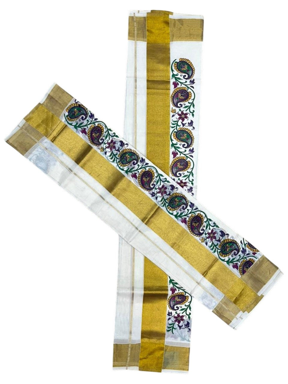 Southloom Pure Cotton Set Mundu with Gold Kasavu and Floral Digital Print in 2.80 Mtrs SL383