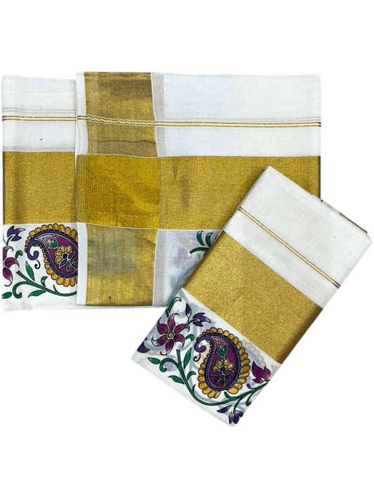 Southloom Pure Cotton Set Mundu with Gold Kasavu and Floral Digital Print in 2.80 Mtrs SL383