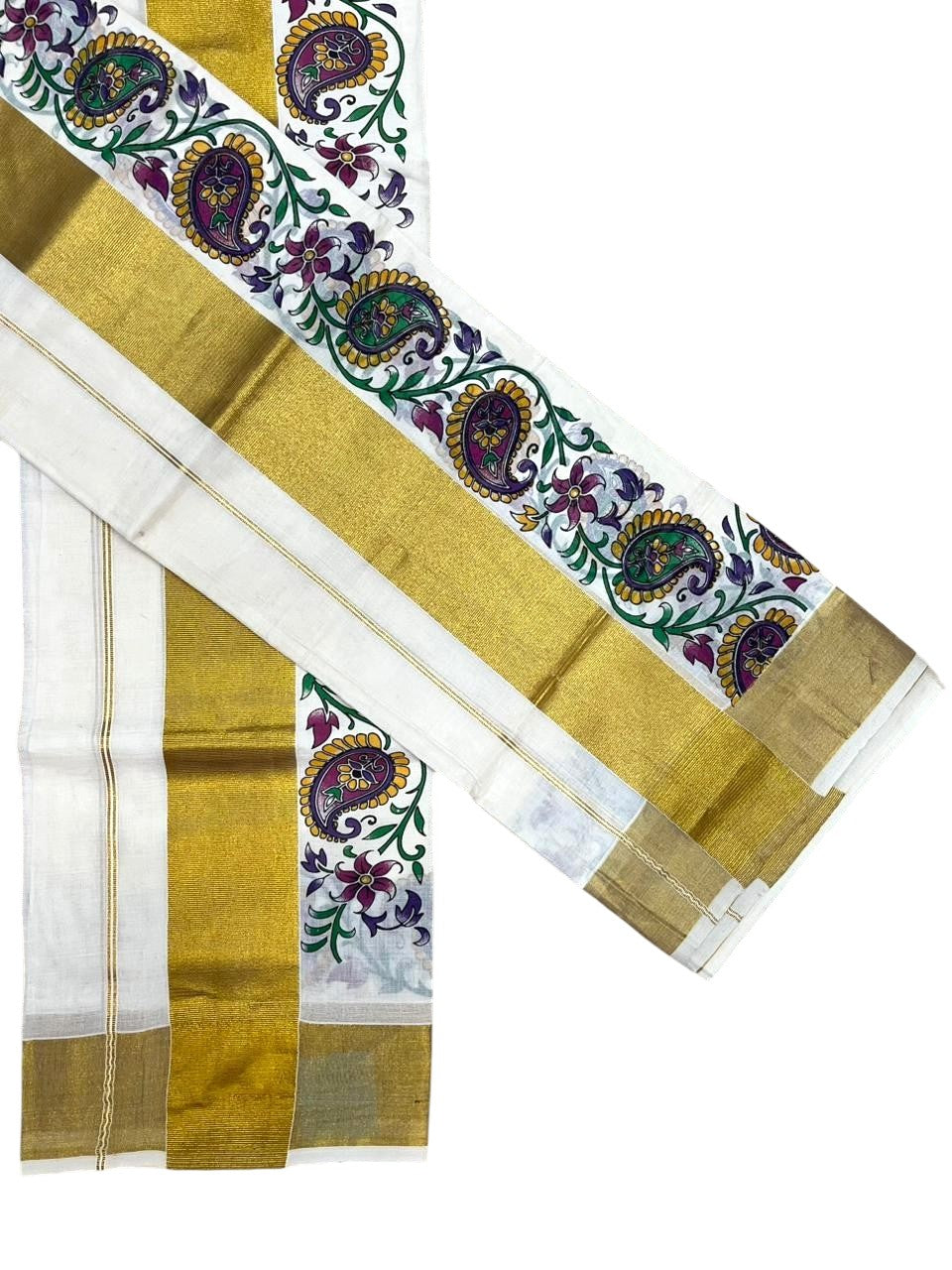 Southloom Pure Cotton Set Mundu with Gold Kasavu and Floral Digital Print in 2.80 Mtrs SL383