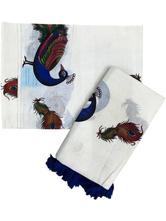 Southloom Cotton Single Set Mundu (Mundu Neriyathum) With Peacock Print in 2.80 Mtrs With Blue Tussles SL387