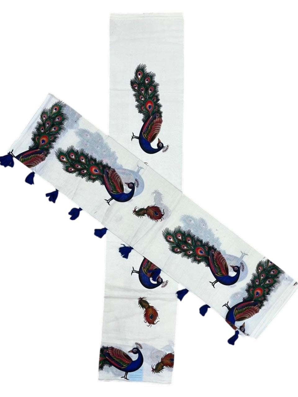Southloom Cotton Single Set Mundu (Mundu Neriyathum) With Peacock Print in 2.80 Mtrs With Blue Tussles SL387