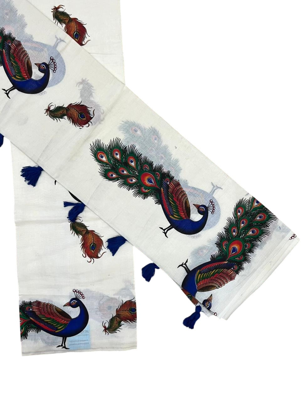 Southloom Cotton Single Set Mundu (Mundu Neriyathum) With Peacock Print in 2.80 Mtrs With Blue Tussles SL387