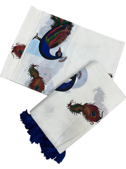 Southloom Cotton Single Set Mundu (Mundu Neriyathum) With Peacock Print in 2.80 Mtrs With Blue Tussles SL387