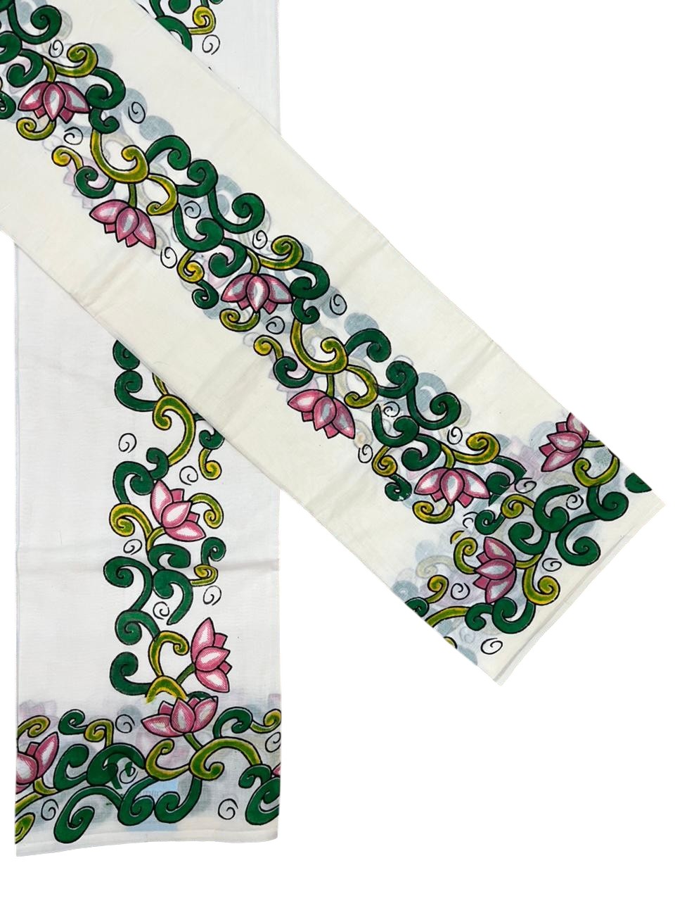 Southloom Cotton Single Set Mundu (Mundu Neriyathum) With Floral Print in 2.80 Mtrs With Green SL389