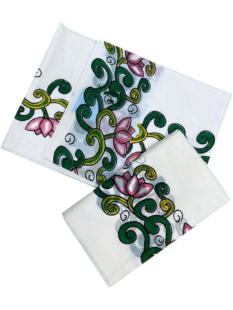 Southloom Cotton Single Set Mundu (Mundu Neriyathum) With Floral Print in 2.80 Mtrs With Green SL389