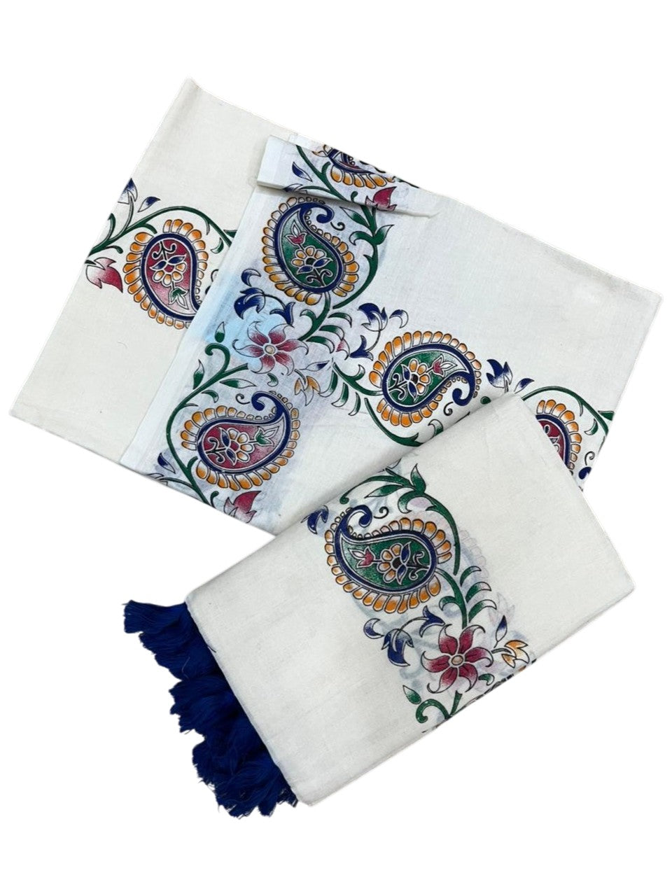 Southloom Cotton Single Set Mundu (Mundu Neriyathum) With Floral Print in 2.80 Mtrs With Blue Tussles SL387