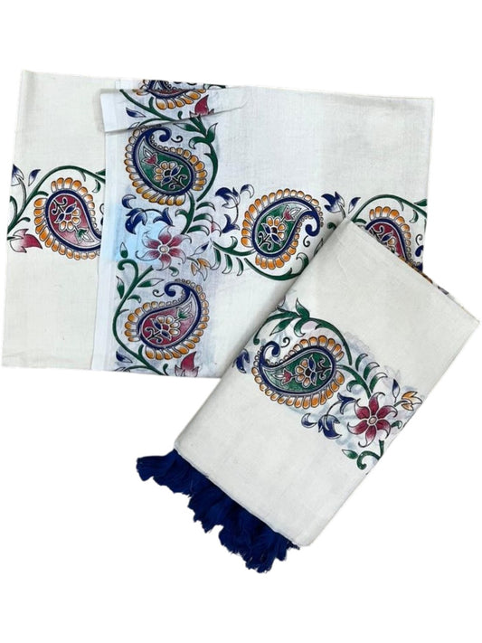 Southloom Cotton Single Set Mundu (Mundu Neriyathum) With Floral Print in 2.80 Mtrs With Blue Tussles SL387