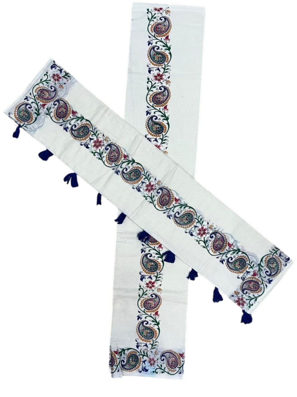 Southloom Cotton Single Set Mundu (Mundu Neriyathum) With Floral Print in 2.80 Mtrs With Blue Tussles SL387