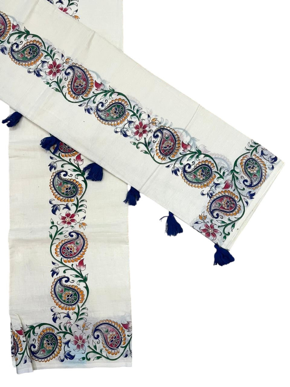 Southloom Cotton Single Set Mundu (Mundu Neriyathum) With Floral Print in 2.80 Mtrs With Blue Tussles SL387