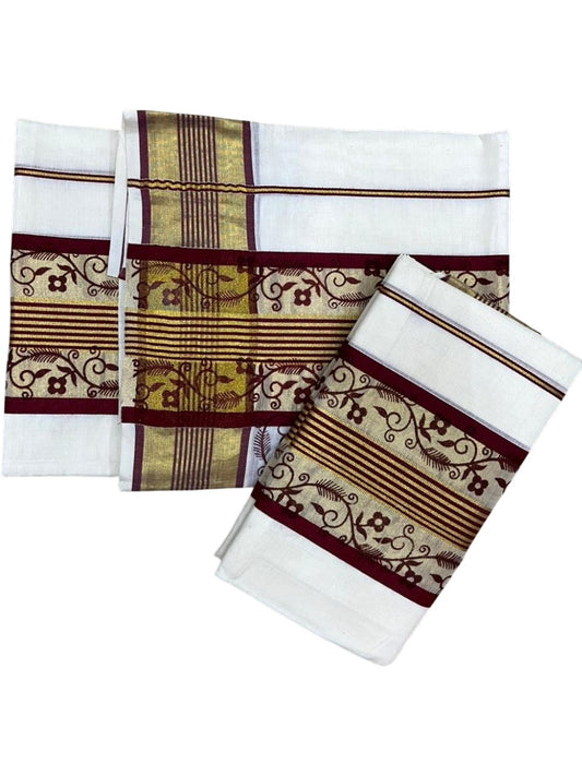 Southloom Cotton Single Set Mundu (Mundu Neriyathum) With Gold Kasvu And Floral Design in Maroon 2.80 Mtrs SL390