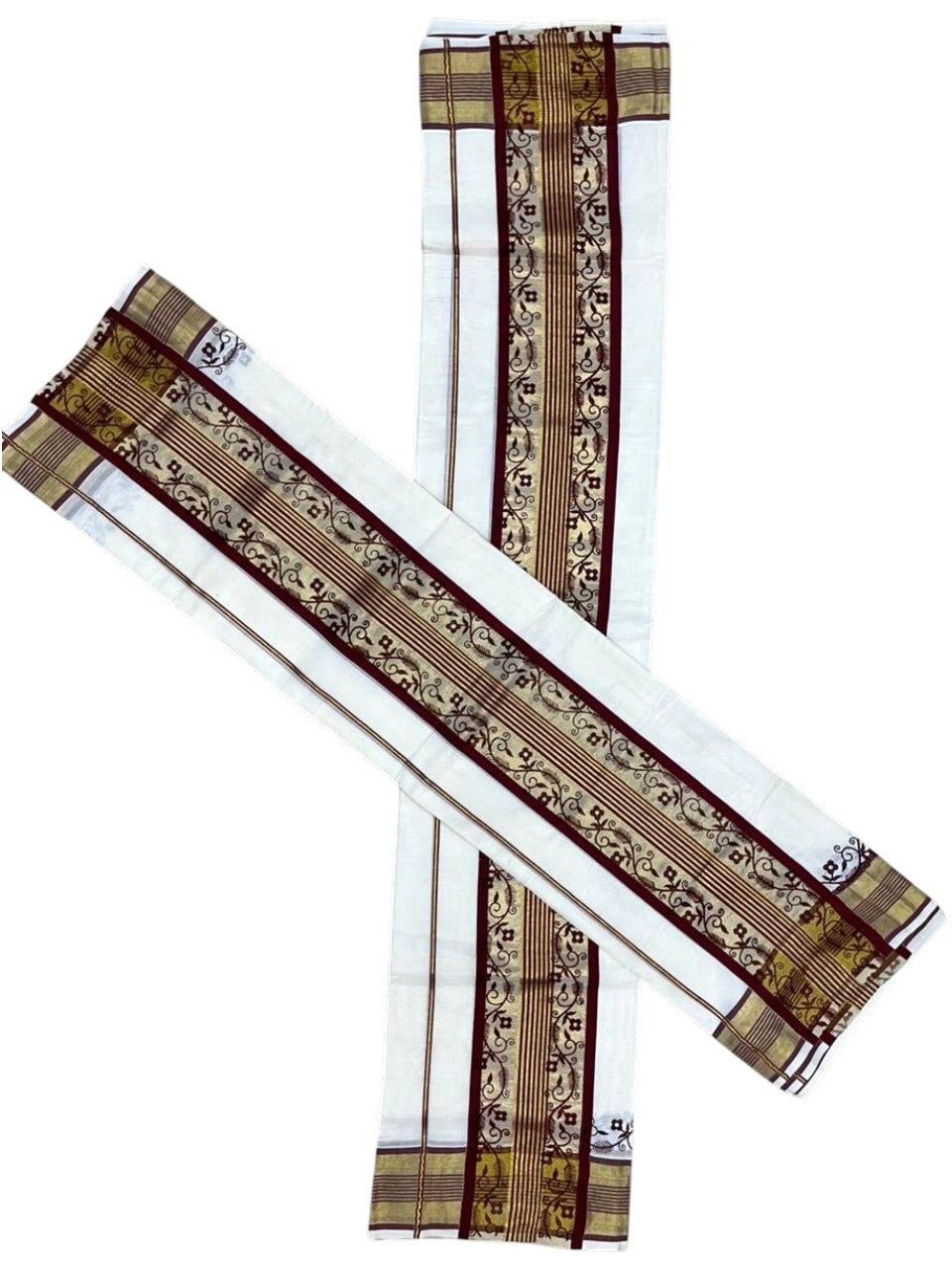 Southloom Cotton Single Set Mundu (Mundu Neriyathum) With Gold Kasvu And Floral Design in Maroon 2.80 Mtrs SL390