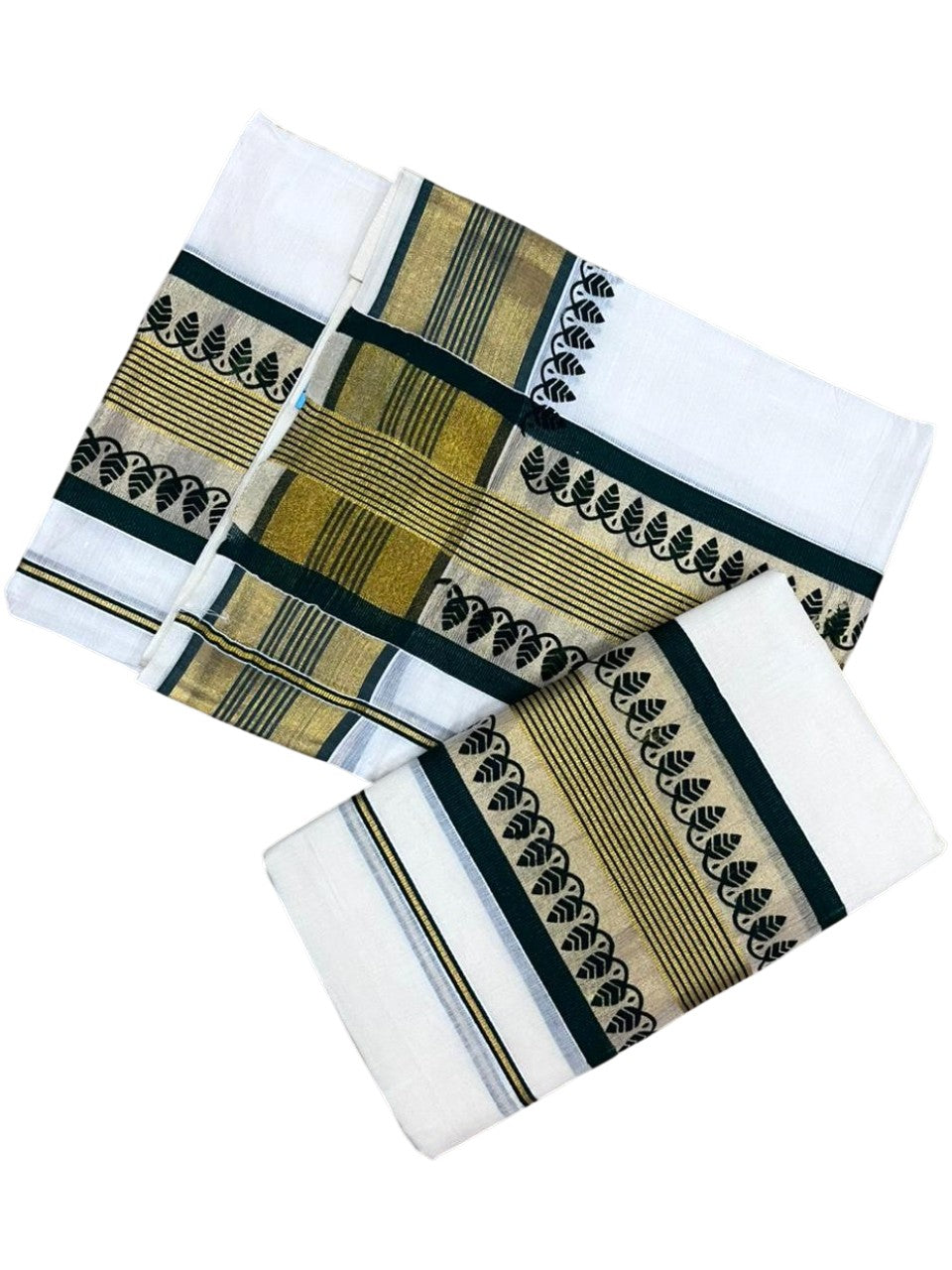 Southloom Cotton Single Set Mundu (Mundu Neriyathum) With Gold Kasvu And Temple Design in Green 2.80 Mtrs SL390