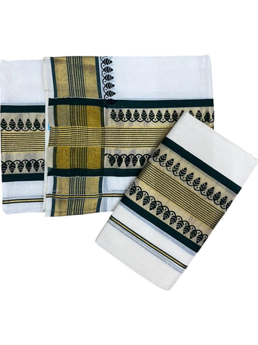 Southloom Cotton Single Set Mundu (Mundu Neriyathum) With Gold Kasvu And Temple Design in Green 2.80 Mtrs SL390