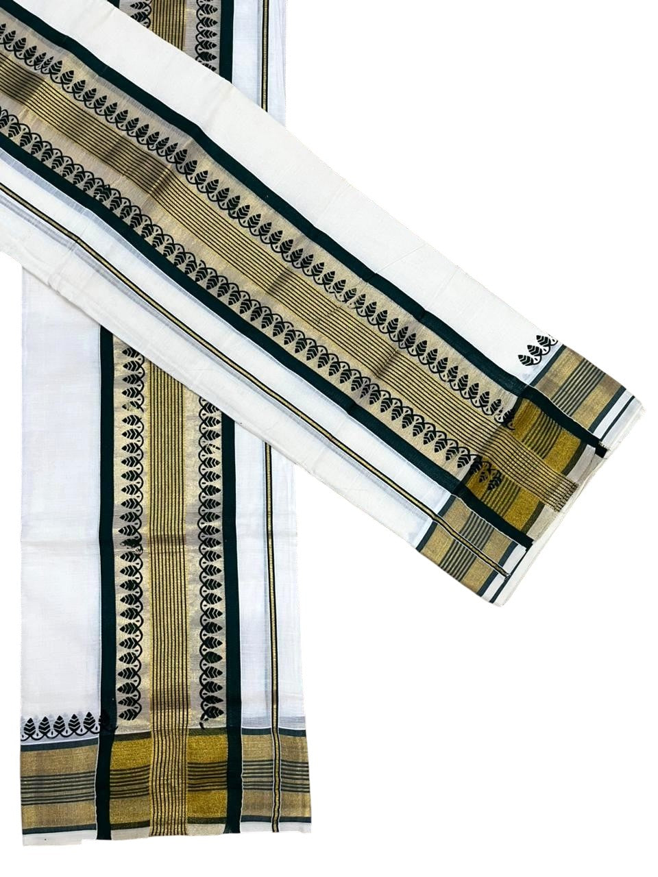 Southloom Cotton Single Set Mundu (Mundu Neriyathum) With Gold Kasvu And Temple Design in Green 2.80 Mtrs SL390