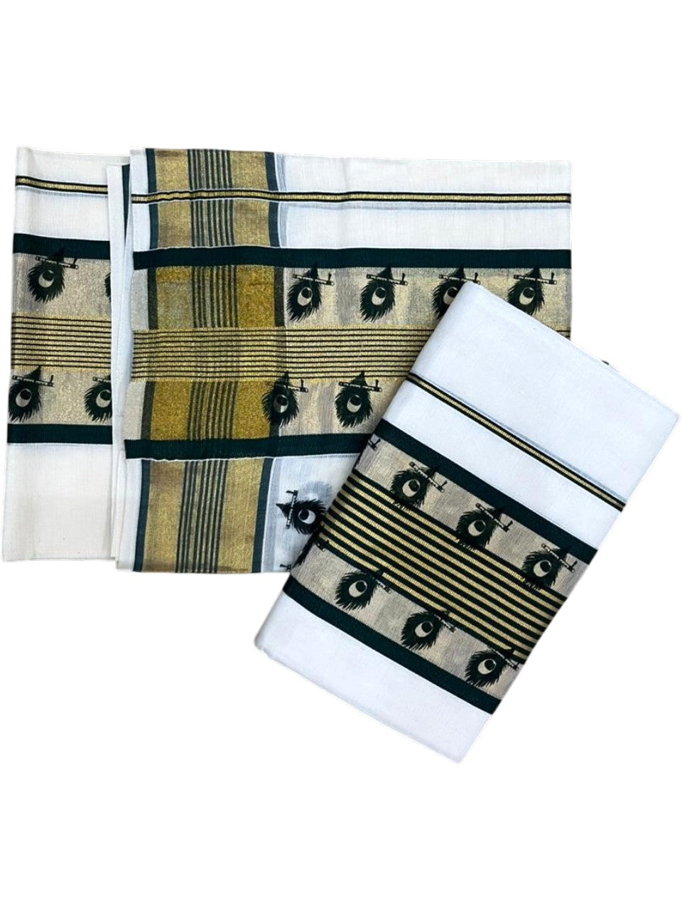 Southloom Cotton Single Set Mundu (Mundu Neriyathum) With Gold Kasvu And Peacock Design in Green 2.80 Mtrs SL390