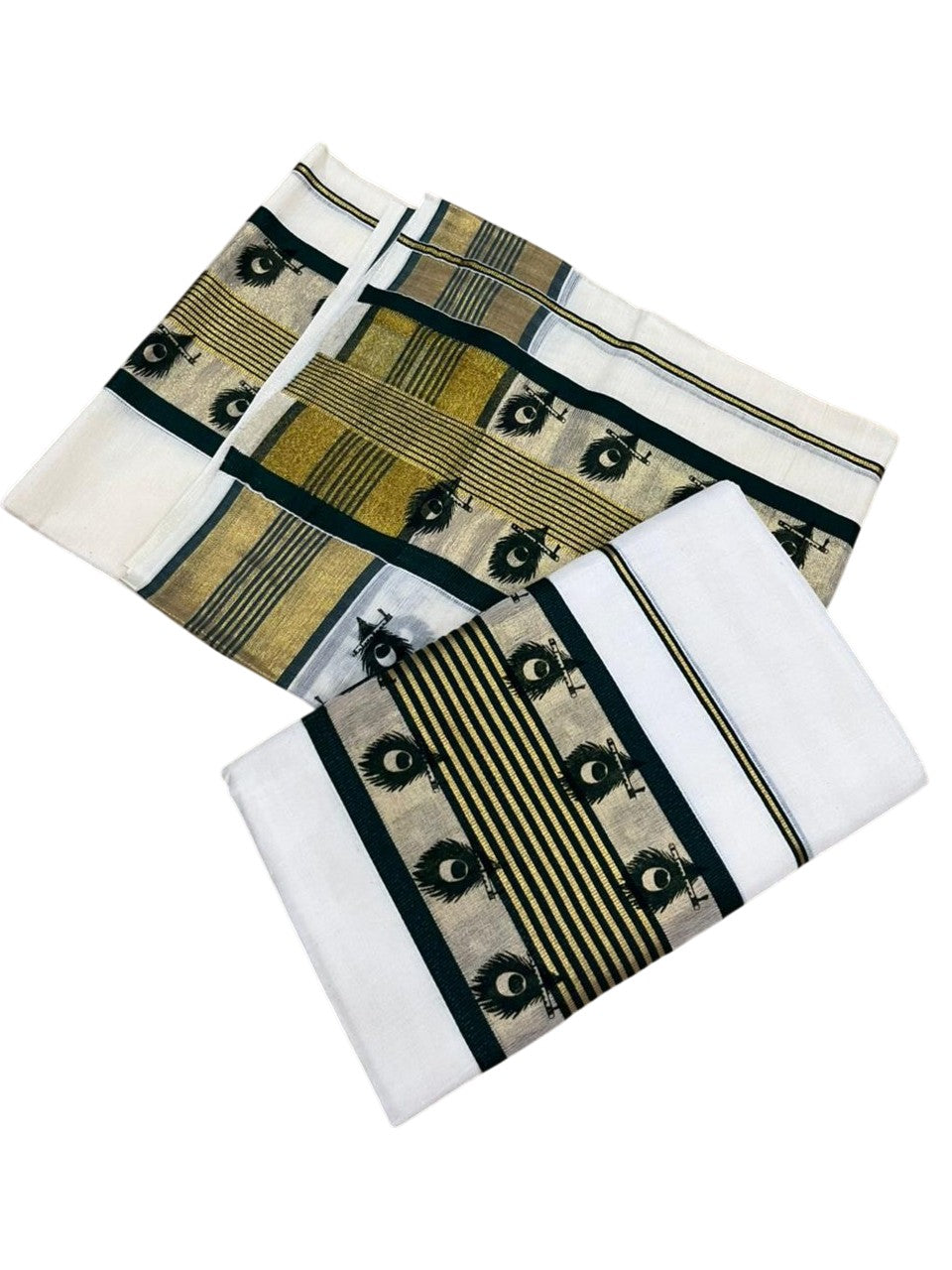 Southloom Cotton Single Set Mundu (Mundu Neriyathum) With Gold Kasvu And Peacock Design in Green 2.80 Mtrs SL390