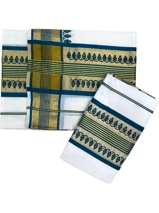 Southloom Cotton Single Set Mundu (Mundu Neriyathum) With Gold Kasvu And Peacock Design in Peacock Blue 2.80 Mtrs SL390