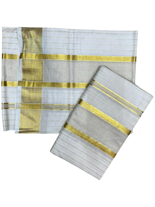 Southloom Pure Cotton Mundum Neriyathum (Set Mundu) with Gold Kasavu Lines Acorss Body in 2.80 Mtrs SL391