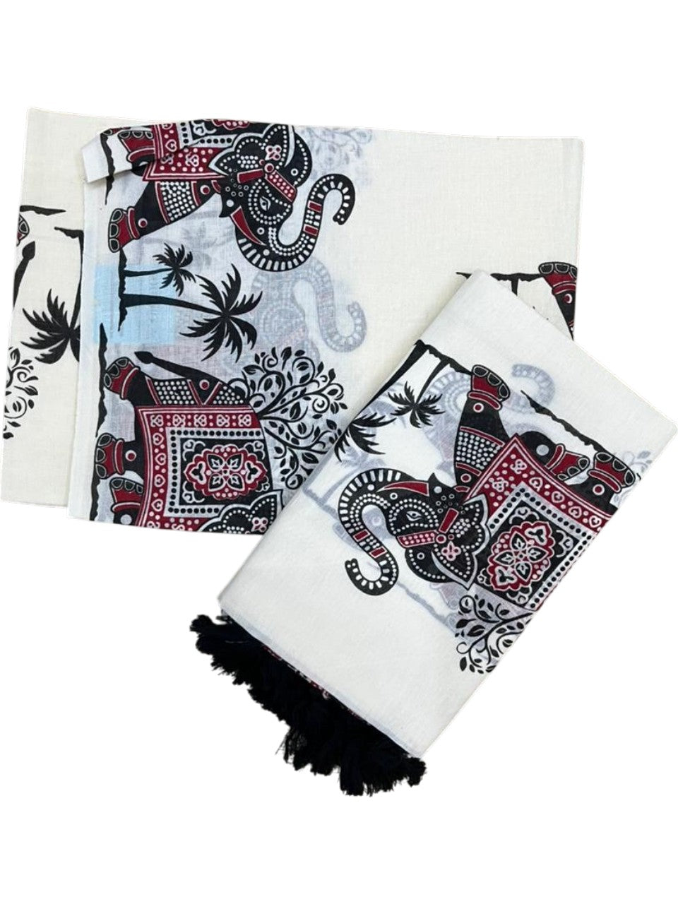 Southloom Cotton Single Set Mundu (Mundu Neriyathum) With Elephant Digital Print With Tussles in Black 2.80 Mtrs SL392