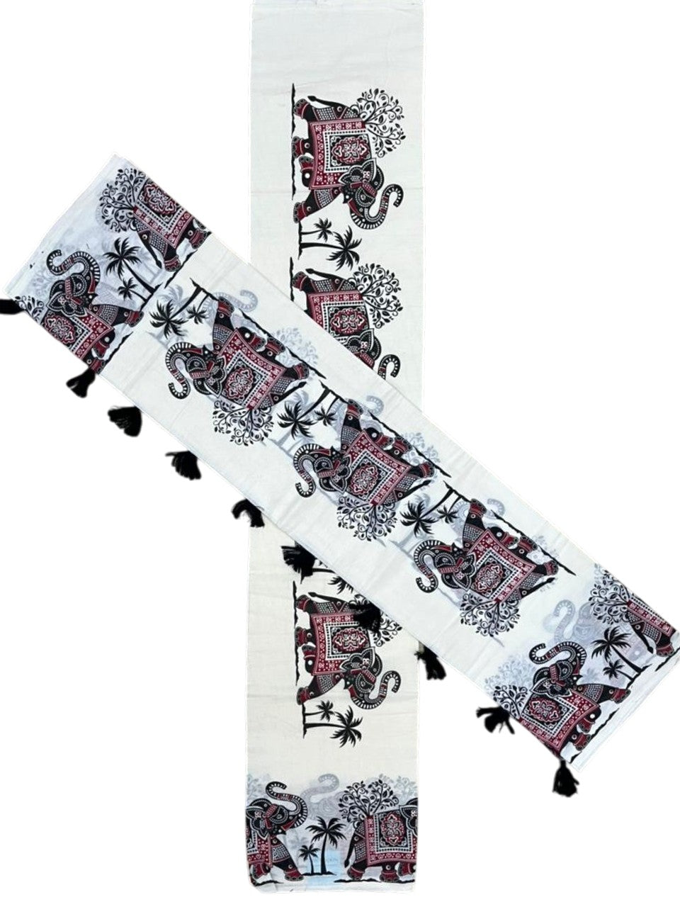 Southloom Cotton Single Set Mundu (Mundu Neriyathum) With Elephant Digital Print With Tussles in Black 2.80 Mtrs SL392