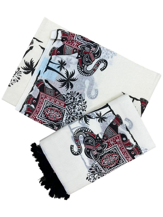 Southloom Cotton Single Set Mundu (Mundu Neriyathum) With Elephant Digital Print With Tussles in Black 2.80 Mtrs SL392