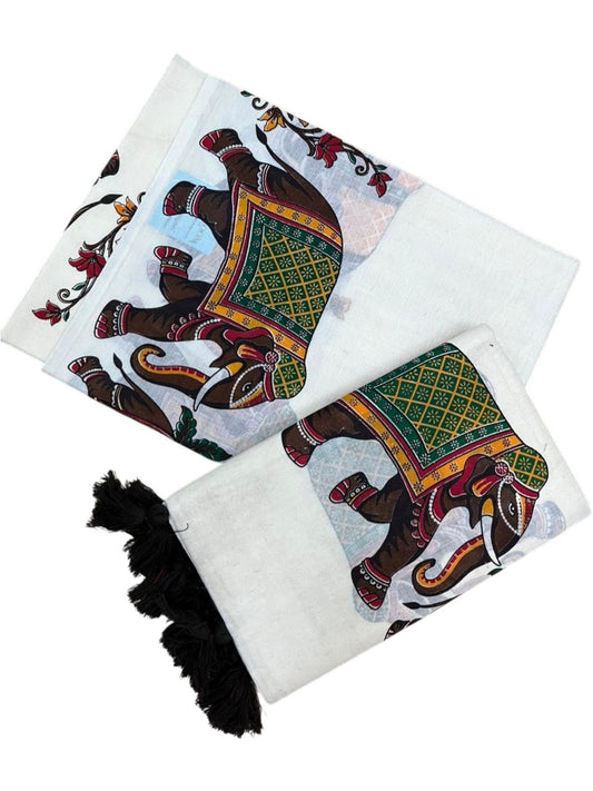 Southloom Cotton Single Set Mundu (Mundu Neriyathum) With Elephant Digital Print With Tussles in Black 2.80 Mtrs SL392