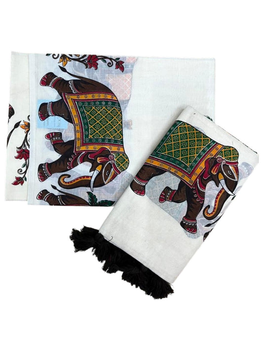 Southloom Cotton Single Set Mundu (Mundu Neriyathum) With Elephant Digital Print With Tussles in Black 2.80 Mtrs SL392