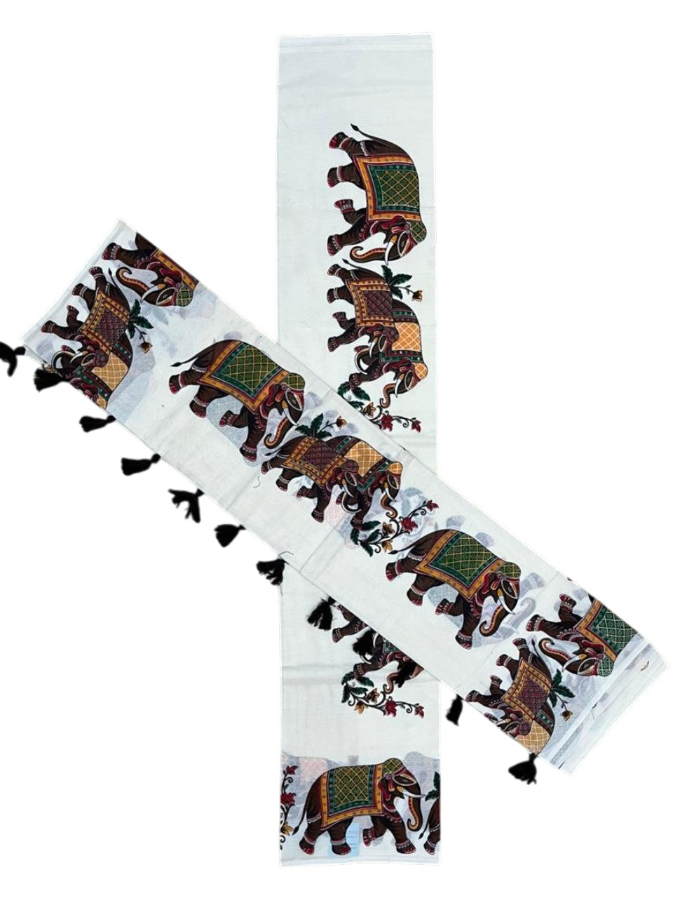 Southloom Cotton Single Set Mundu (Mundu Neriyathum) With Elephant Digital Print With Tussles in Black 2.80 Mtrs SL392