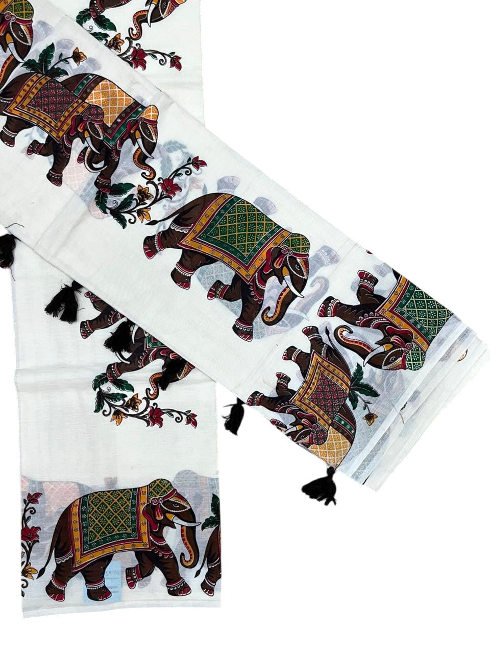 Southloom Cotton Single Set Mundu (Mundu Neriyathum) With Elephant Digital Print With Tussles in Black 2.80 Mtrs SL392