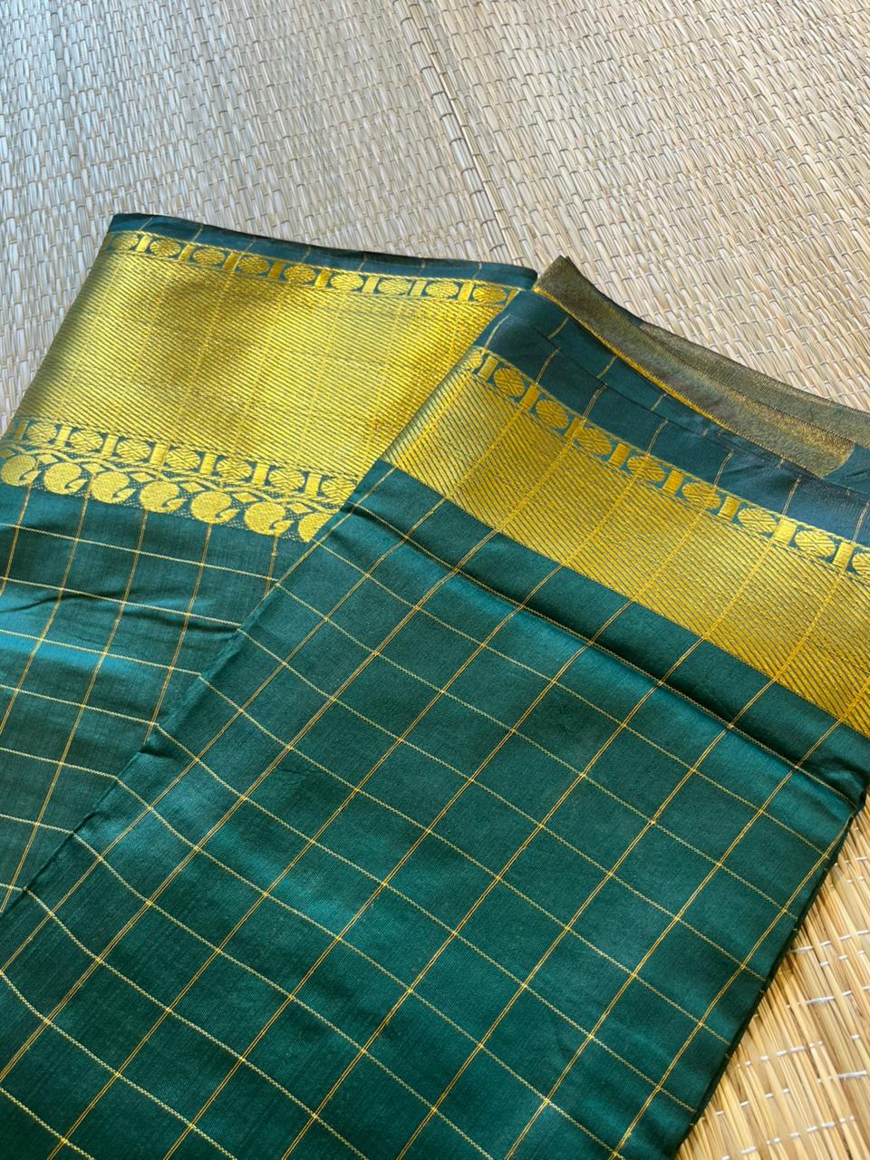 Southloom Semi Silk Saree with Check on Body in Bottle Green SL386