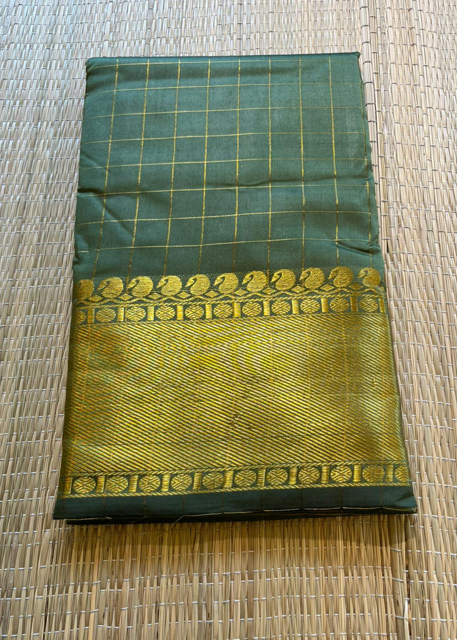 Southloom Semi Silk Saree with Check on Body in Olive Green SL386