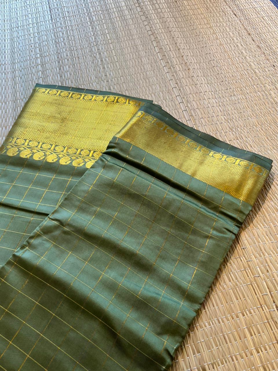 Southloom Semi Silk Saree with Check on Body in Olive Green SL386