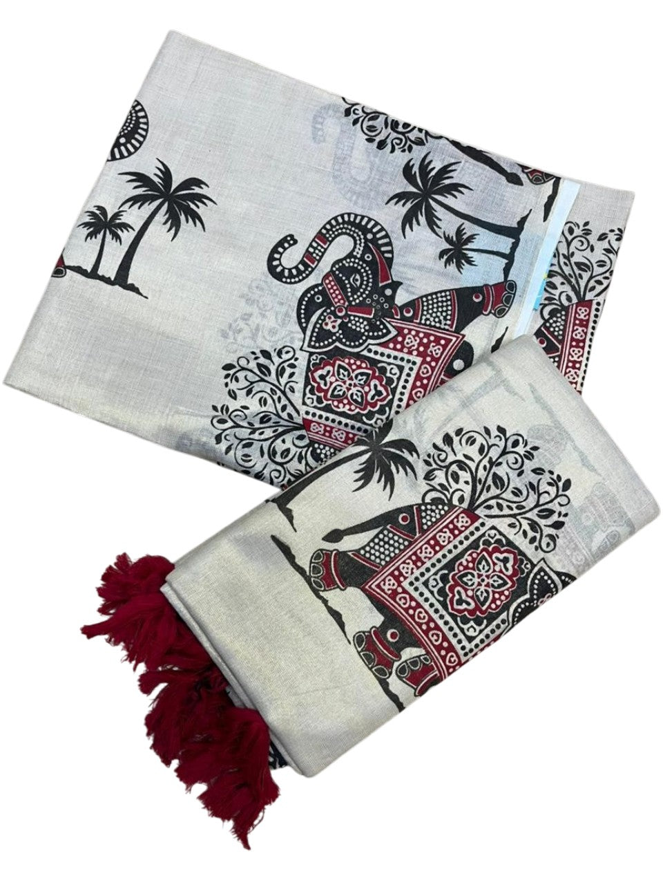 Southloom Tissue Single Set Mundu (Mundu Neriyathum) With Elephant Digital Print With Tussles in Red 2.80 Mtrs SL392