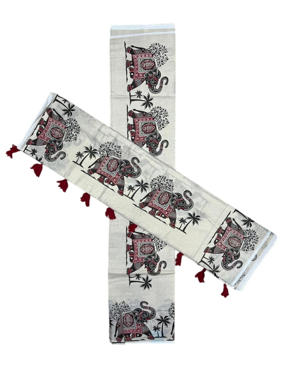 Southloom Tissue Single Set Mundu (Mundu Neriyathum) With Elephant Digital Print With Tussles in Red 2.80 Mtrs SL392