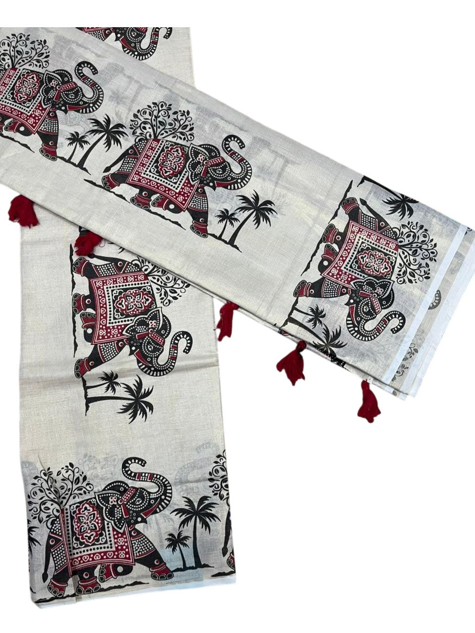 Southloom Tissue Single Set Mundu (Mundu Neriyathum) With Elephant Digital Print With Tussles in Red 2.80 Mtrs SL392