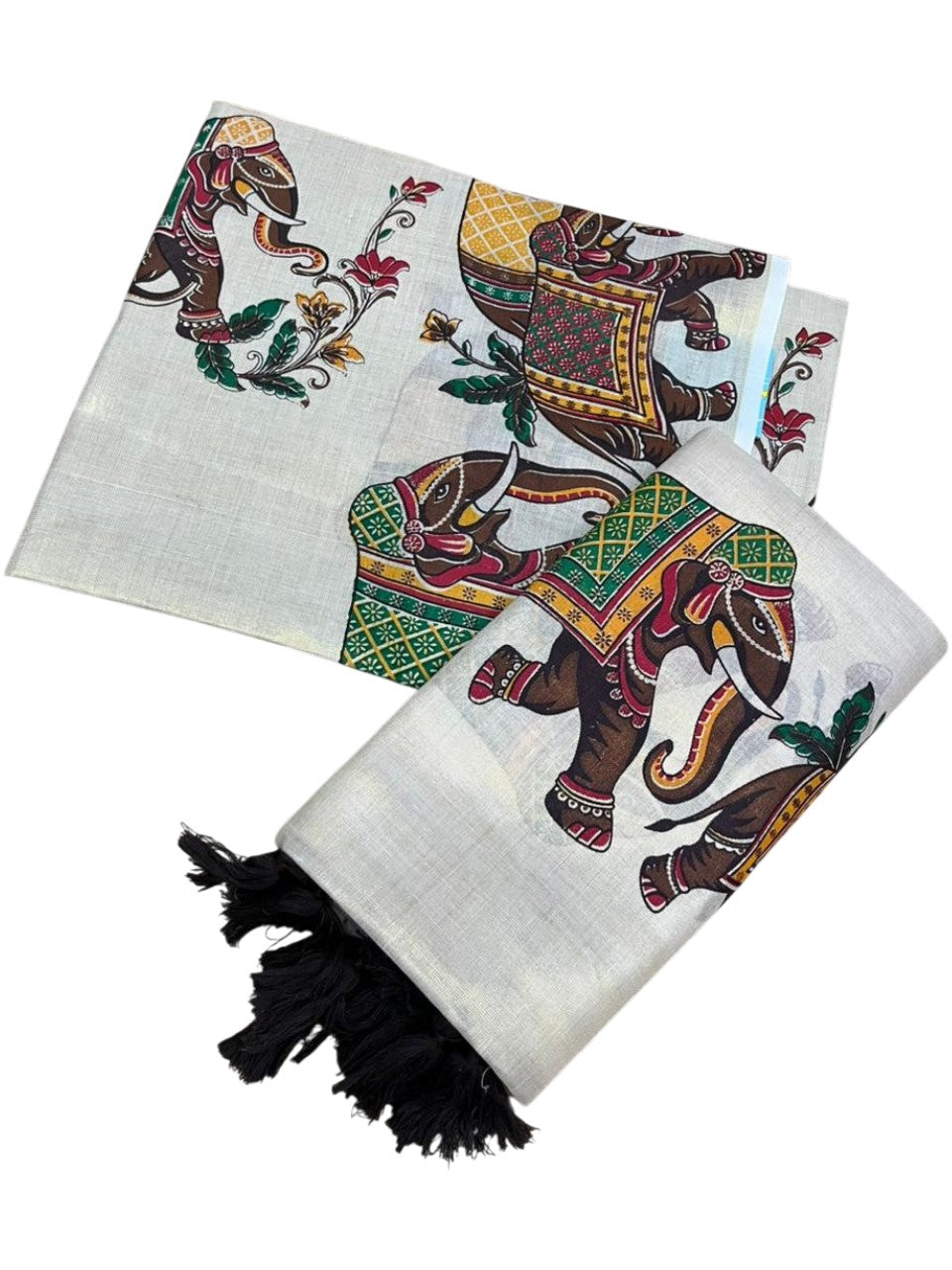 Southloom Tissue Single Set Mundu (Mundu Neriyathum) With Elephant Digital Print With Tussles in Brown 2.80 Mtrs SL392