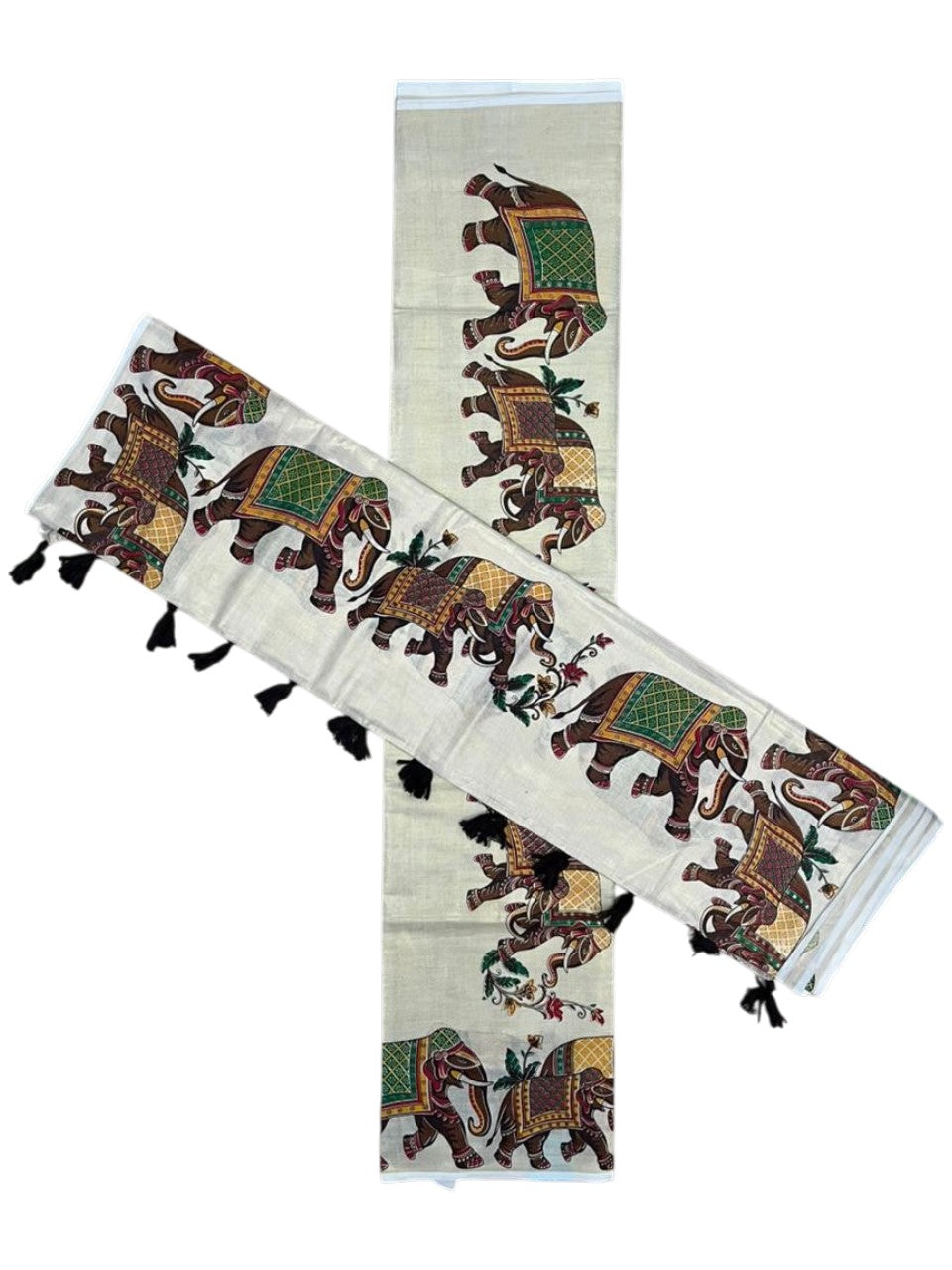 Southloom Tissue Single Set Mundu (Mundu Neriyathum) With Elephant Digital Print With Tussles in Brown 2.80 Mtrs SL392