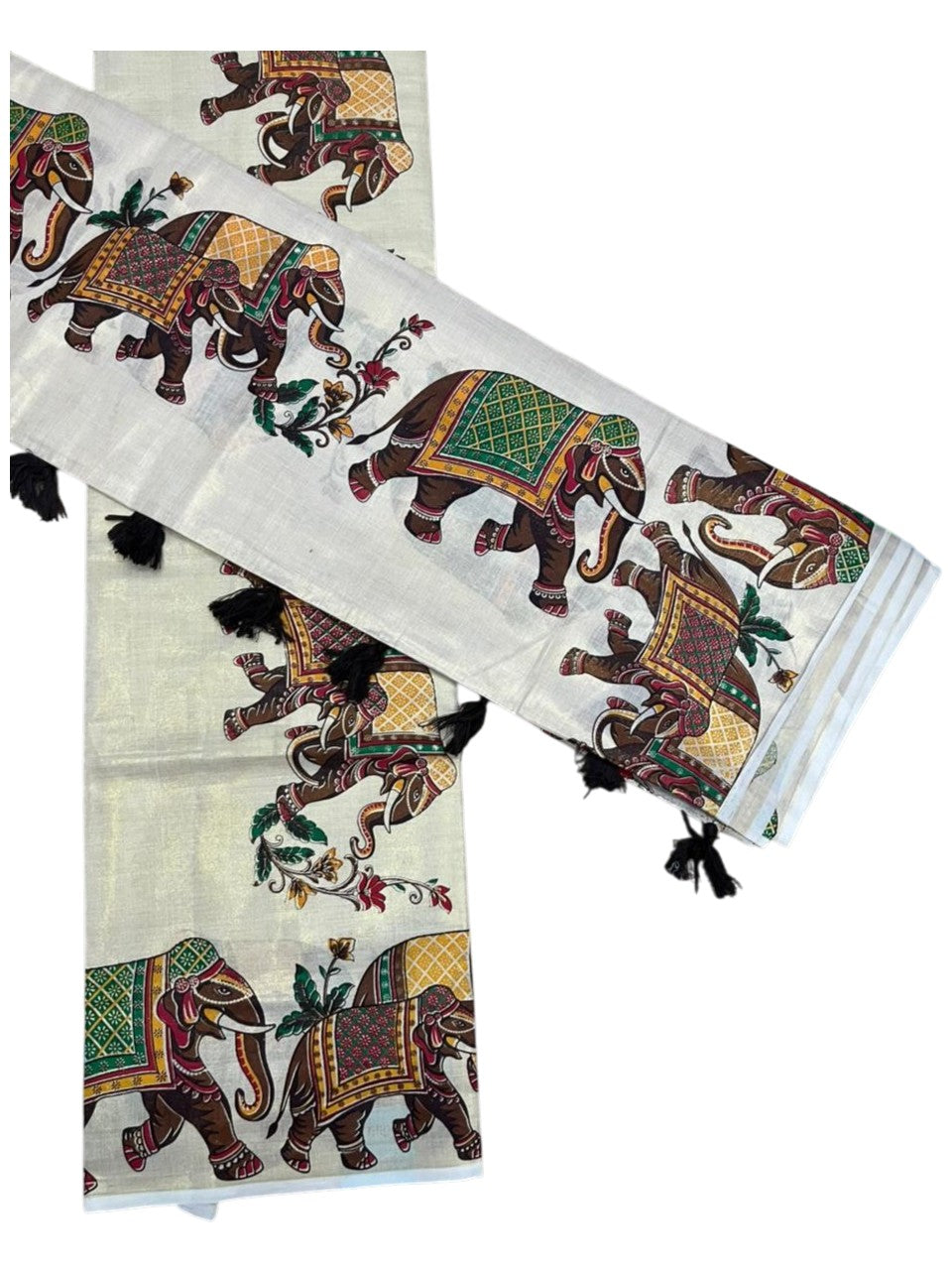 Southloom Tissue Single Set Mundu (Mundu Neriyathum) With Elephant Digital Print With Tussles in Brown 2.80 Mtrs SL392