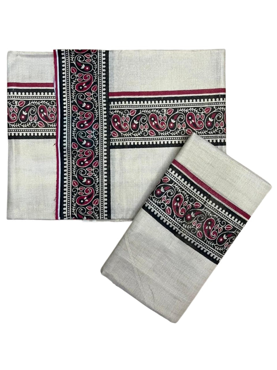 Southloom Tissue Single Set Mundu (Mundu Neriyathum) With Digital Print in Red 2.80 Mtrs SL396