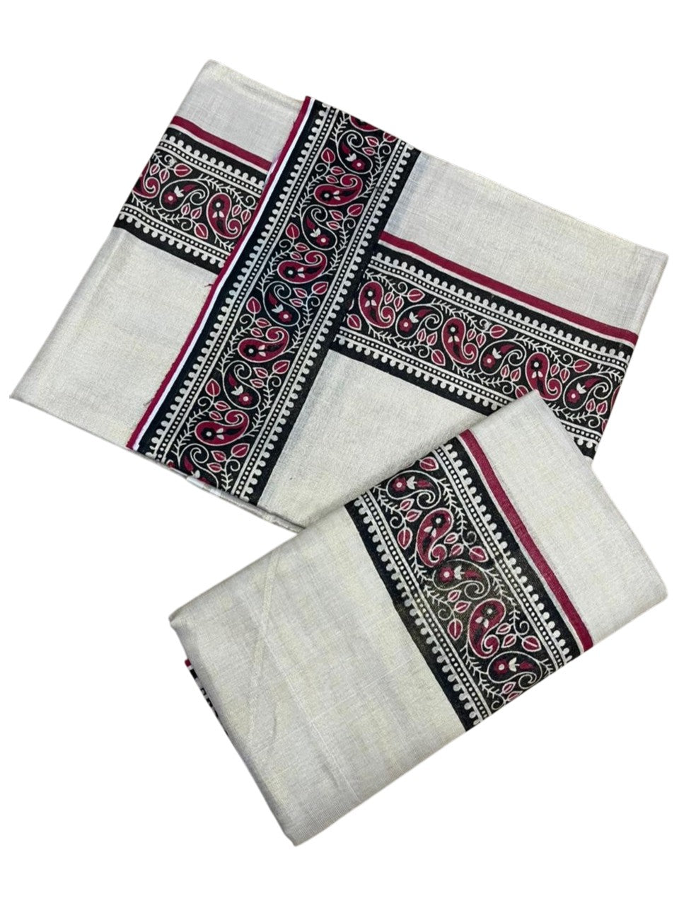 Southloom Tissue Single Set Mundu (Mundu Neriyathum) With Digital Print in Red 2.80 Mtrs SL396