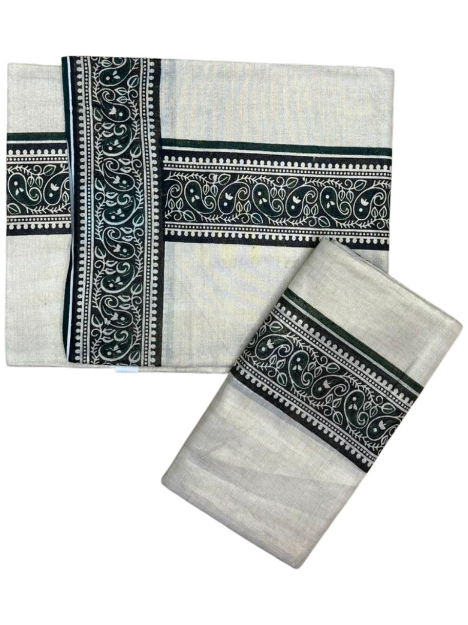 Southloom Tissue Single Set Mundu (Mundu Neriyathum) With Digital Print in Green 2.80 Mtrs SL396