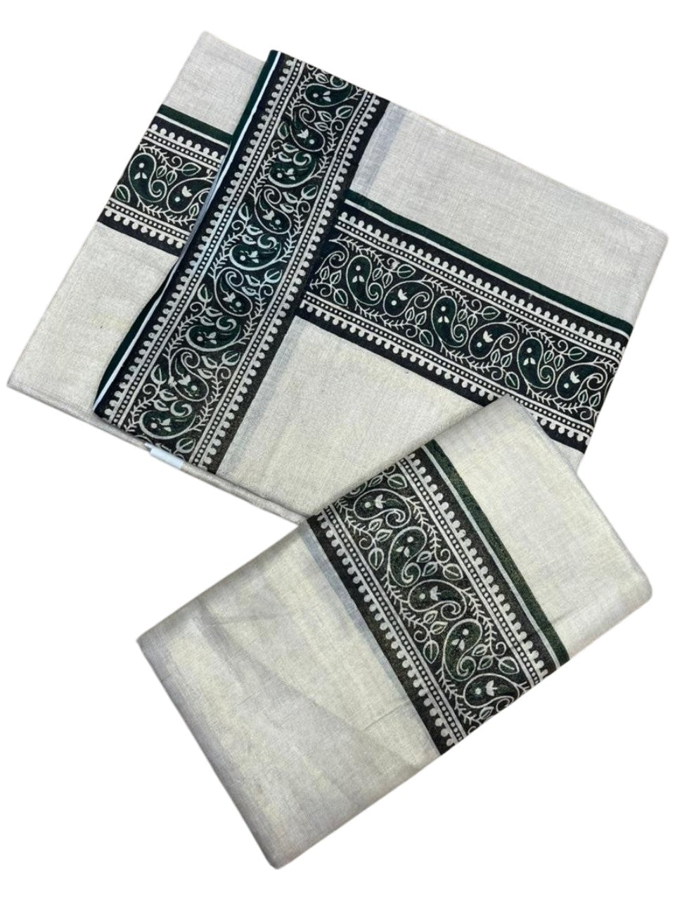 Southloom Tissue Single Set Mundu (Mundu Neriyathum) With Digital Print in Green 2.80 Mtrs SL396