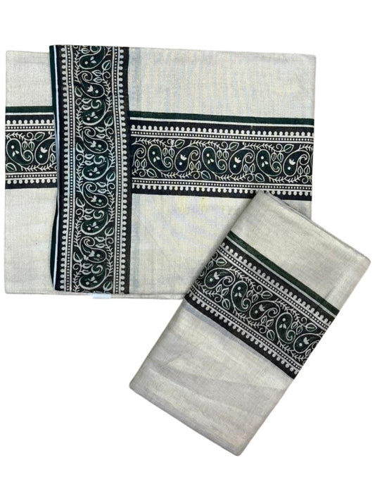 Southloom Tissue Single Set Mundu (Mundu Neriyathum) With Digital Print in Green 2.80 Mtrs SL396