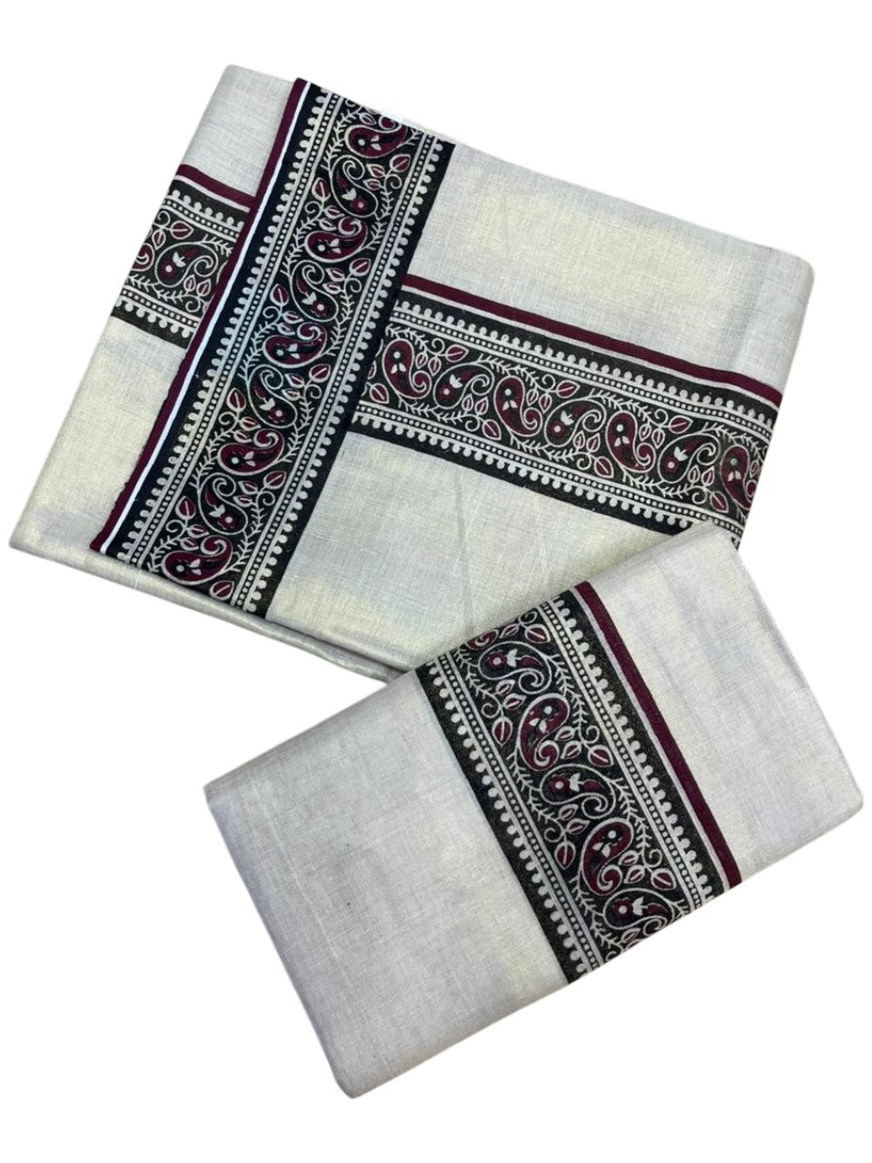Southloom Tissue Single Set Mundu (Mundu Neriyathum) With Digital Print in Maroon 2.80 Mtrs SL396
