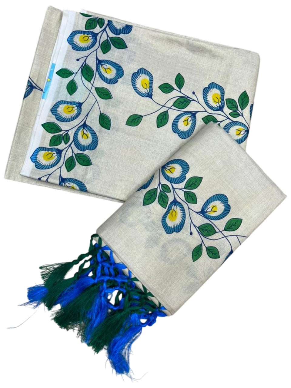 Southloom Tissue Single Set Mundu (Mundu Neriyathum) With Digital Floral Print in Blue and Green 2.80 Mtrs SL318