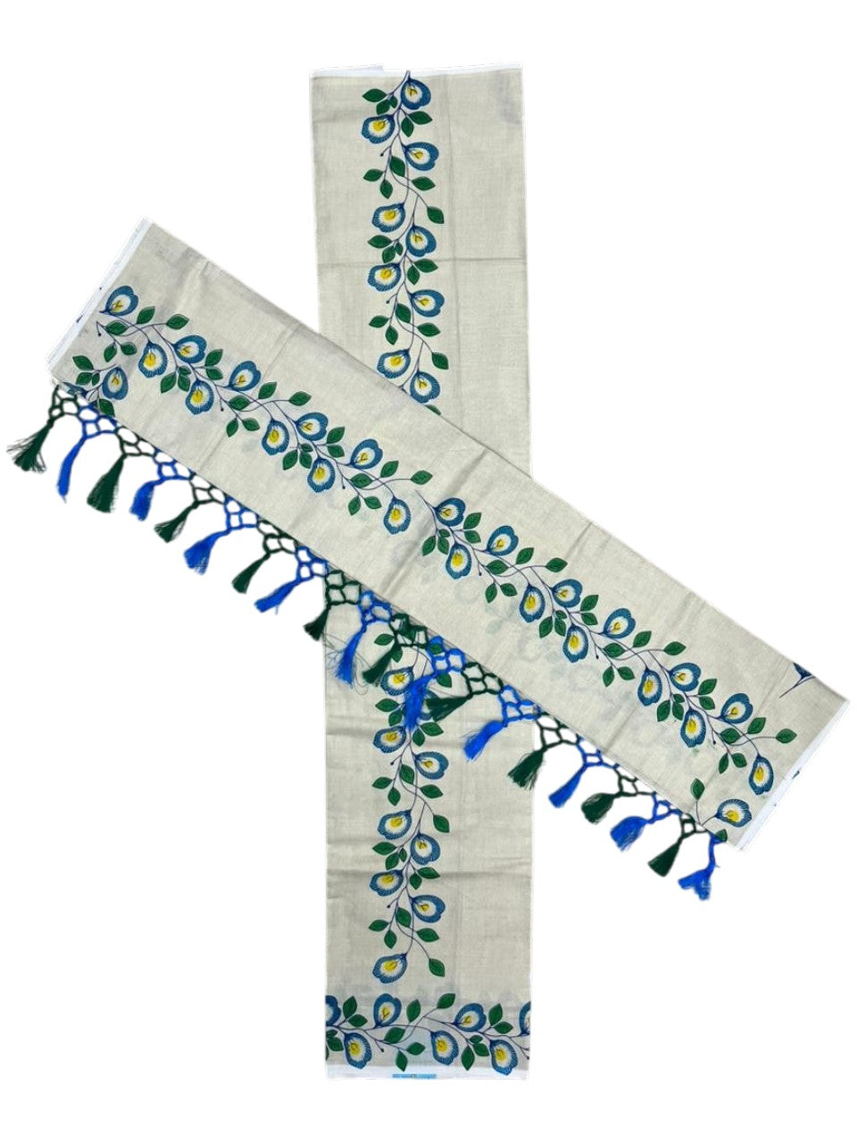 Southloom Tissue Single Set Mundu (Mundu Neriyathum) With Digital Floral Print in Blue and Green 2.80 Mtrs SL318