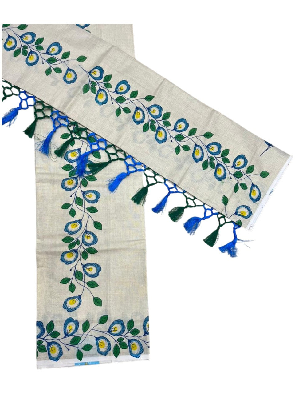 Southloom Tissue Single Set Mundu (Mundu Neriyathum) With Digital Floral Print in Blue and Green 2.80 Mtrs SL318