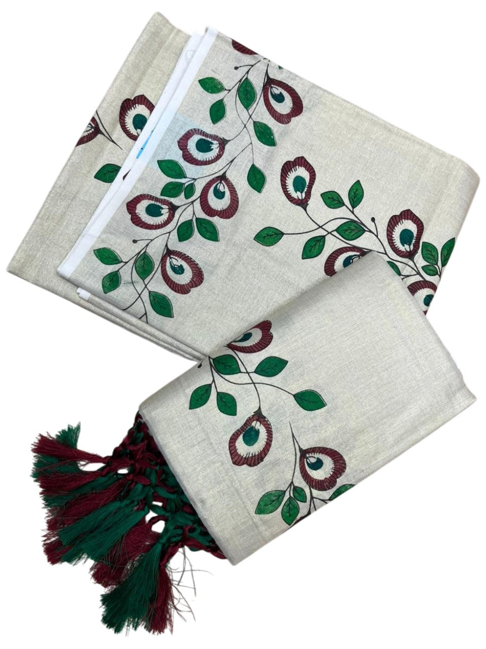 Southloom Tissue Single Set Mundu (Mundu Neriyathum) With Digital Floral Print in Maroon and Green 2.80 Mtrs SL318