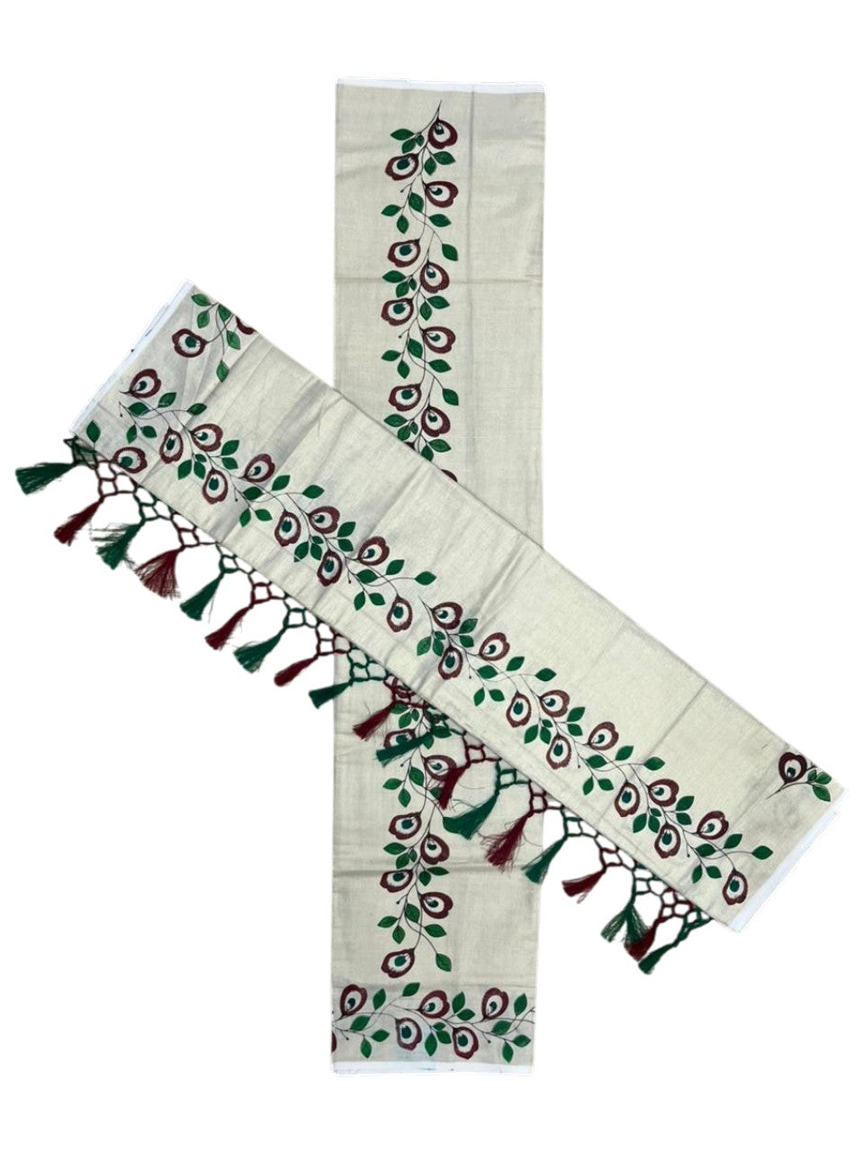 Southloom Tissue Single Set Mundu (Mundu Neriyathum) With Digital Floral Print in Maroon and Green 2.80 Mtrs SL318
